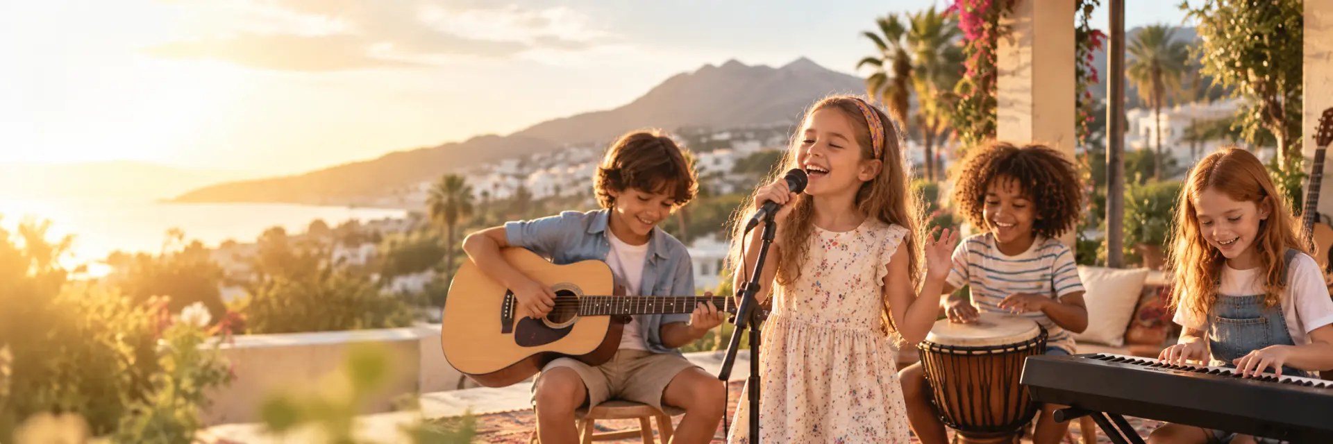 Children singing and playing musical instruments together.
