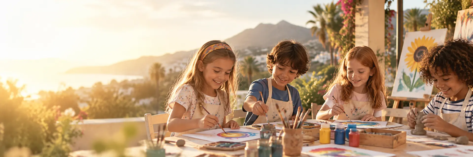 Children painting and making art together outdoors.
