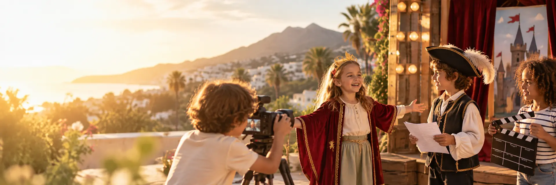 Children acting and filming a theatre performance.